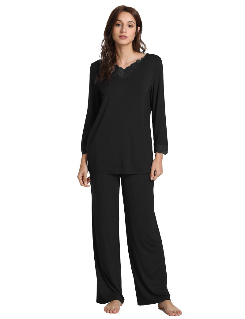 GYS Women's Pajama Sets Viscose from Bamboo Lace Trim Long Sleeve Sleepwear Soft Pjs Lounge Sets with Pockets, Black, Large - Image 1